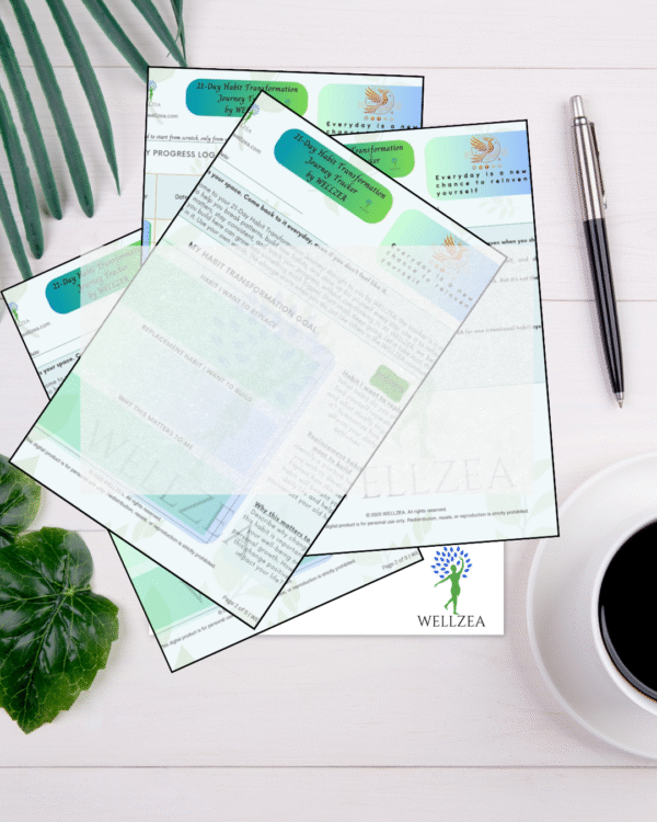 21-day-habit-transformation-tracker-preview Printable 21-Day Habit Transformation Journey Tracker by WELLZEA, shown on a clean workspace with coffee, pen, and leafy plant designed for intentional behavior change without digital overwhelm.